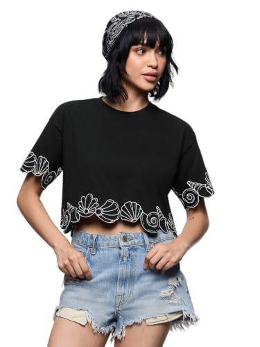 The Souled Store Seashell Women and Girls Short Sleeves Round Neck Black Embroidered Cotton Oversized Crop Fit Lightweight Everyday Casual T-Shirts