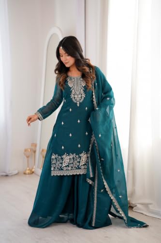 Leeli Peeri Designer Women's Crunchy Silk Embroidery Kurta Sharara Set With Dupatta.