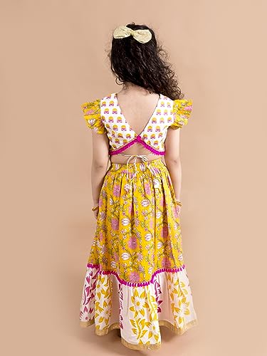 Pspeaches Girls Cotton Yellow White Printed Ready To Wear Readymade Lehenga Set Blouse With Dupatta (Yellow-7-8Y), 7-8 Years
