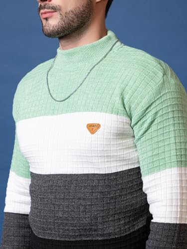SWAAGLOK - STYLE THAT SPEAKS Men’s Colorblock Mock Neck Sweater | Textured Knit Pullover with Ribbed Hems | Stylish Slim Fit Winter Jumper for Casual & Weekend Wear (in, Alpha, S, Light Green)