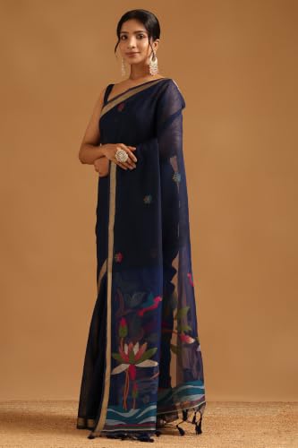 Soch Womens Navy Blue Organza Woven Design Saree