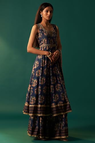 Wishful Women's Navy Blue Floral Printed Beaded Anarkali Modal Satin Kurta with Culottes and Dupatta Set (SP12626-125810-L)