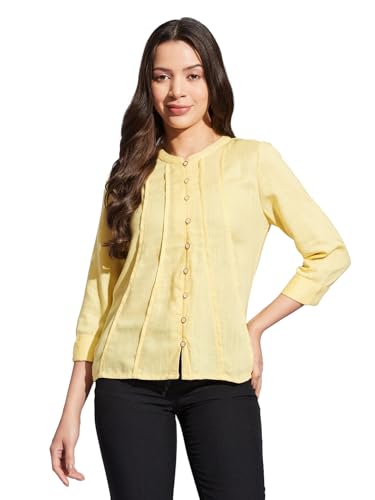 Latin Quarters Women Yellow Mandarin 3/4th Sleeves Solid Shirt Blouse for Casual Wear_L