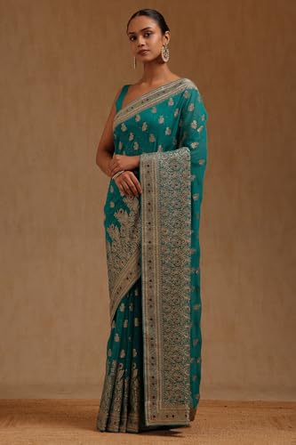Soch Womens Turquoise Blue Georgette Embroidered Saree With Zari