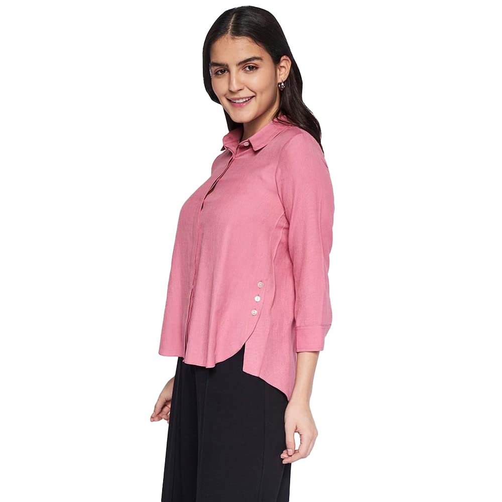 AND Solid Polyester Collar Neck Women's Top (Pink, Size 14)