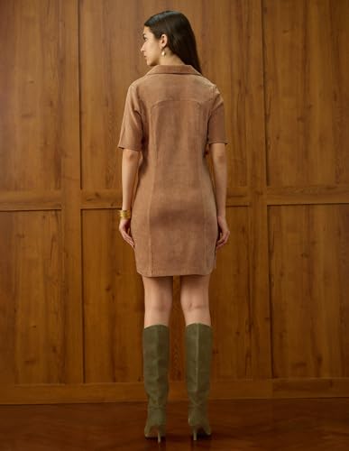 U.S. Polo ASSN. Textured Polo Collar Mini Dress (UWAW25DRS185_Brown_L)