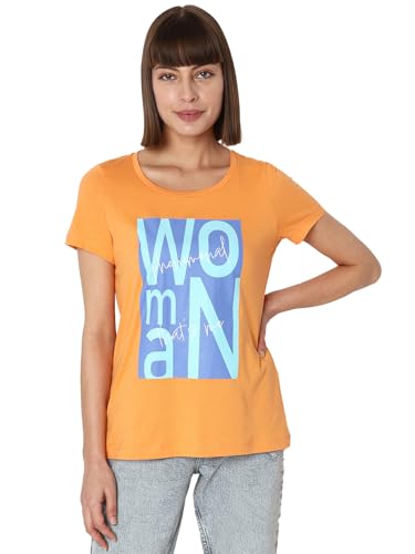 VERO MODA Women Printed Cotton Regular Fit Orange T-Shirt