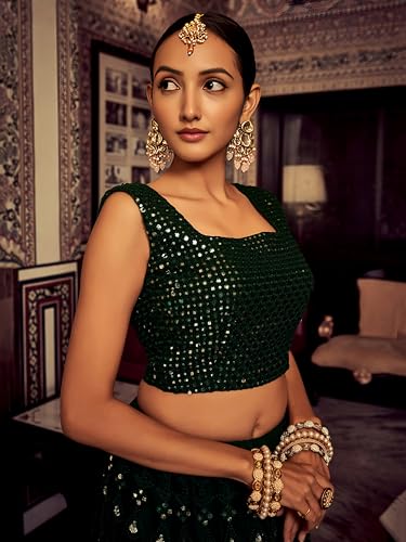Zeel Clothing Women's Sequins Thread Embroidered Georgette Lehenga Choli With Dupatta (6003-Green-Women-Lehenga-Choli-New; Free Size)(Green)