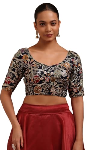 Soch Womens Navy Blue Georgette Embroidered Padded Blouse with Zari