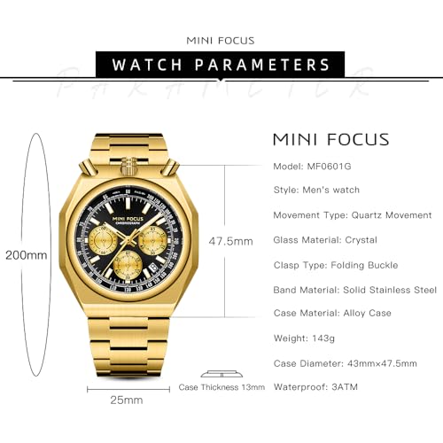MF MINI FOCUS Unique Dress Men Watches (Chronograph/Waterproof/Luminous/Calendar) Big Face Stainless Steel Band Watches for Men, Black_Golden