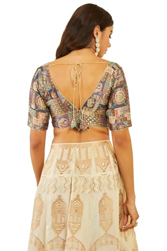 Soch Womens Grey Silk Zari Woven Back-Open V-Neck Blouse