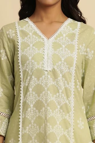 W for Woman Women's Cotton Floral Regular Kurta (24FEW10491-123114_Light Green