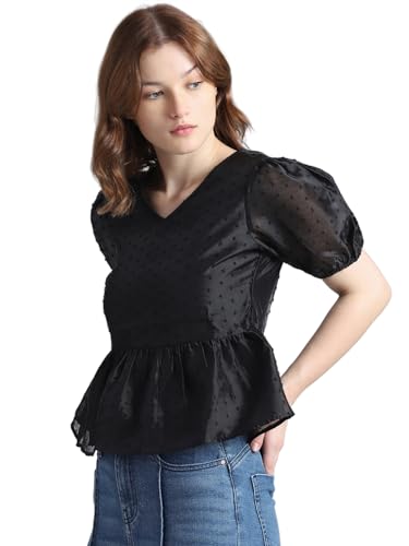 ONLY Women Self Design Cotton Black Peplum Top