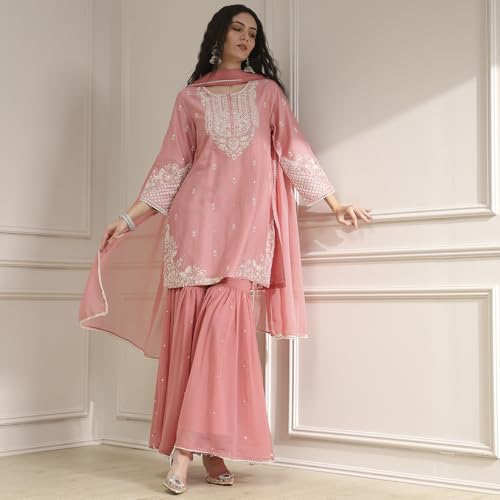 BIBA Women Light Pink Cotton Silk Embroidered Straight Suit Set_42