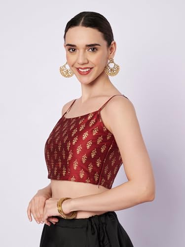 studio rasa Women's Dupion Hand Block Printed Spaghetti Readymade Crop Top for Festive Party Wedding(TPWC12609L_Maroon_Large)