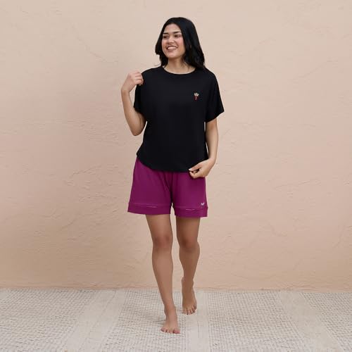 NYKD Buttery Soft Modal Cotton Graphic Tee for Women with Extended Sleeves – Comfortable Relaxed Fit, Stylish Design, Model NYS945 Black