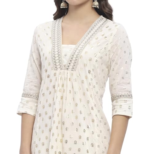 BIBA Women Off-White Cotton Printed Gathered Suit Set_46