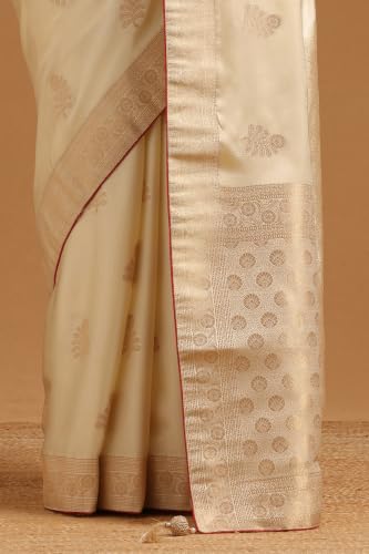 Soch Womens Cream Satin Botanical Zari Woven Saree