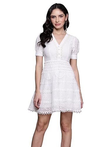 Label RITU KUMAR V Neck Short Sleeves Solid Short Dress Ecru