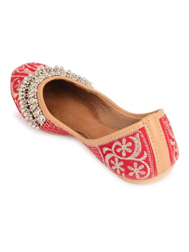 DESI COLOUR Flat Footwear/Mojari/Punjabi Jutti/Bellies for Women - Red Embroidered Gungroo (8)