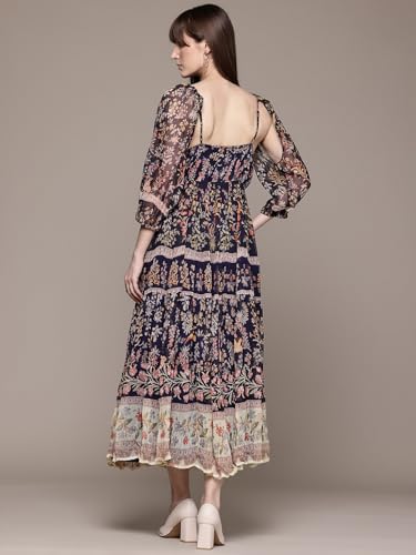 Label RITU KUMAR V Neck Full Sleeves Printed Long Dress Navy