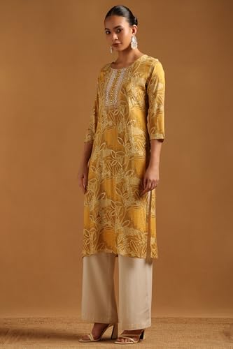 Soch Womens Mustard Rayon Floral Print Kurta with Mirror Work