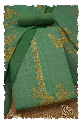 Soch Womens Sap Green Linen Shimmer Embroidered Unstitch Dress Material With Thread Work