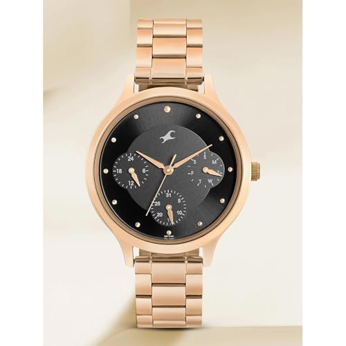 Fastrack Plain 3 Hands Black Dial Rose Gold Plating Stainless Steel Women's Watch - NT6285WM05
