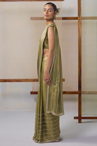Soch Womens Light Olive Fendy Organza Embellished Saree With Stone Work