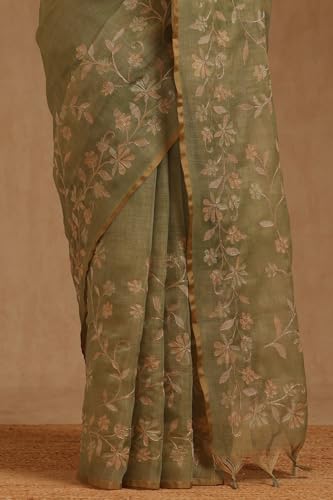 Soch Womens Light Olive Linen Floral Printed Saree With Zari