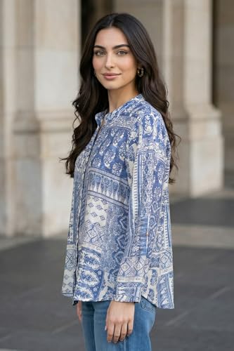 W for Woman Blue Geometric Printed Straight Shirt - (W31489-127115-M)