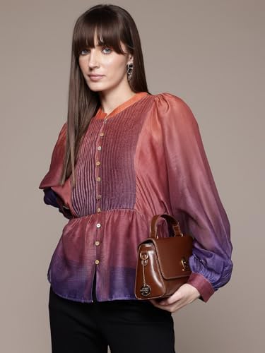 Label RITU KUMAR Band Collar Full Sleeves Ombre Top with Inner Purple