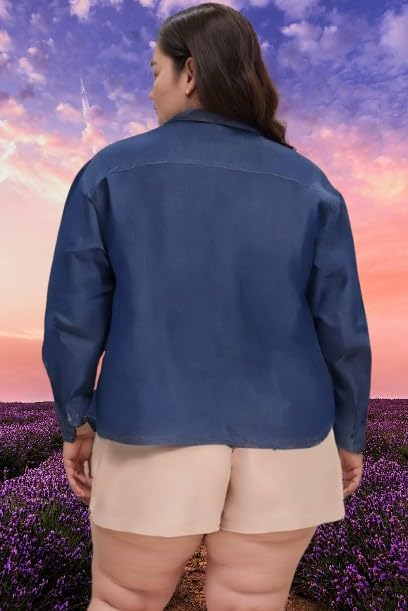 Women's Blue Button-Down Shirt, Long Sleeve, Chest Pockets, Plus Size Shirt for Women & Girls (in, Alpha, XL)