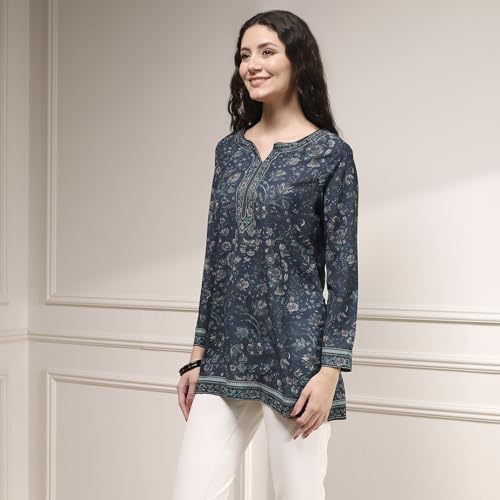 Biba Women Indigo Polyester Straight Printed Kurti_38