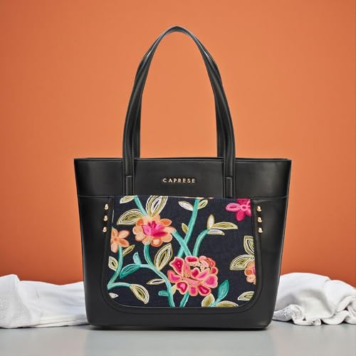 Caprese Elsa Large Tote Bag for Women Comfortable Shoulder Strap | Elegant Floral Embroidery & Solid Faux Leather Handbag | Spacious Multi-Compartment Shoulder Bag for Work & Travel (Black)