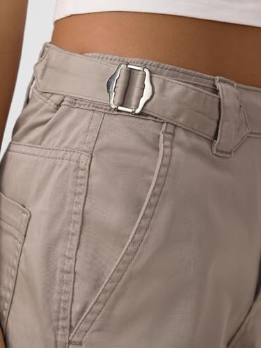 The Souled Store Cotton Pants: Taupe Women and Girls Buttoned Cotton Straight Fit Cargo Pants