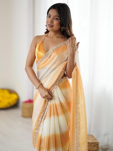 AKHILAM Women's Yellow Shimmer Satin Tie and Dye Printed Saree With Unstitched Blouse Piece (AARYAN20406_KR)