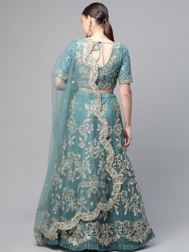 AG Clothing Women's Net Semi Stitched Lehenga Choli With Dupatta | Thread And Sequin Embroidery Pattern | Traditional, Wedding, Ethnic Wear Lehenga (AD-CINDERELLAm-VOL11m-8408-Turquoise)