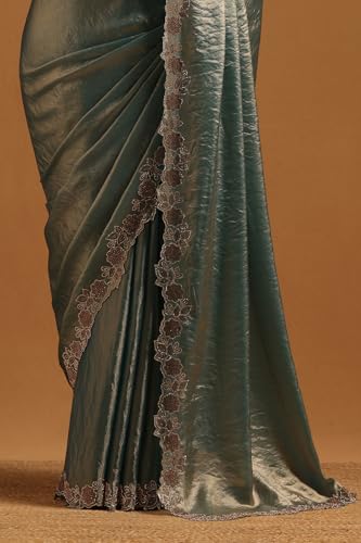 Soch Womens Light Teal Fendy Organza Saree With Swarovski Stone
