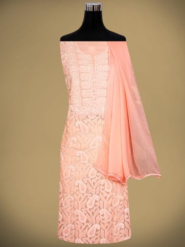 Ada Hand Embroidered Lucknowi Chikankari Unstitched Cotton Dress Material Suit Piece with Dupatta for Women 01A821973 Peach