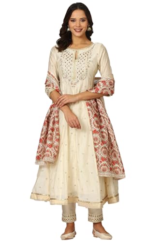 W for Woman Off-White Dori Embroidered Flared Kurta, Pants and Jacquard Dupatta (Size: XL)-24AUSP11773-400717