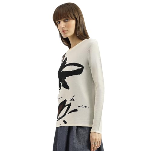 United Colors of Benetton Round Neck Textured Floral Sweater (Size: XS)-25A1099W3M53I901 Beige