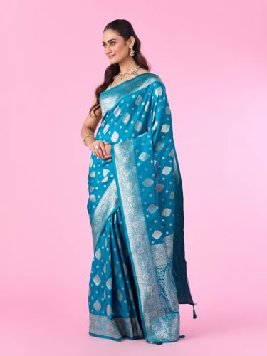 MOHEY Women's Art Silk Woven Saree with Blouse Piece (Teal Blue)