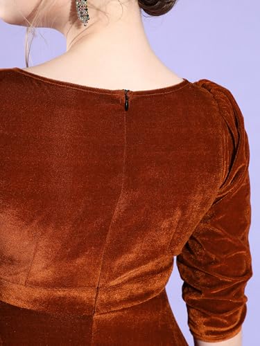 Miss Chase Women's V-Neck Three-Quarter Sleeve Solid Fit & Flare Midi Velvet Dress (MCAW22D13-73-606-02, Rust, XS)