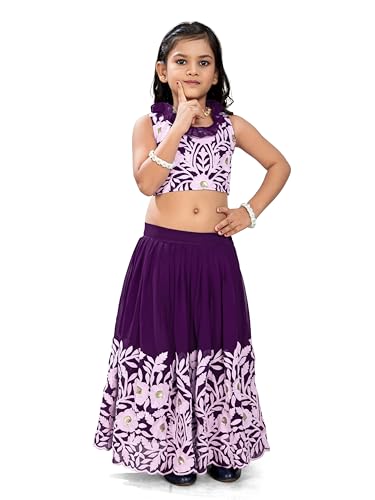Tejam Kids Girls Green Floral Lehenga Choli Set with White Embroidered Pattern (Jambli, 5-6 Years)