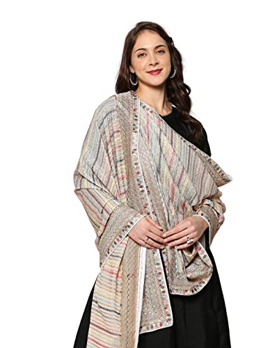 DUPATTA BAZAAR Women's Grey Striped Sequence & Pastel Embroidery Dupatta