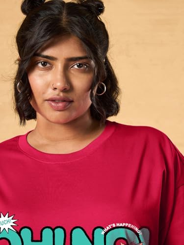 Bewakoof Official Tom & Jerry Merchandise Women Graphic Print Oversized Fit Half Sleeve Round Neck Cotton Jersey Plus Size Tshirt_654543_Red_6XL