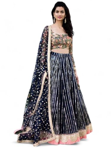 Zeel Clothing Sequins Thread Embroidered Work Soft Net Semi Stitched Lehenga Choli With Dupatta (7068-Blue-Women-Lehenga-Choli-Latest; Free Size)