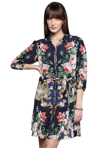 Label RITU KUMAR Navy Miara Collar Neck 3/4 Sleeves Short Dress with Belt