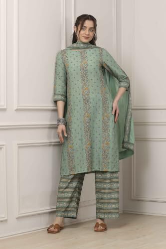 BIBA WOMEN PRINTED NARROW SALWAR KURTA DUPATTA(SKD7519E_SAGE GREEN_32)